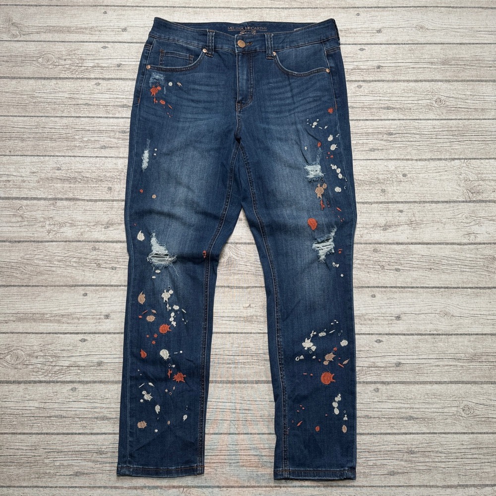 Melissa McCarthy Seven7 Jeans Women's 14W Blue Skinny Paint Splatter Distressed